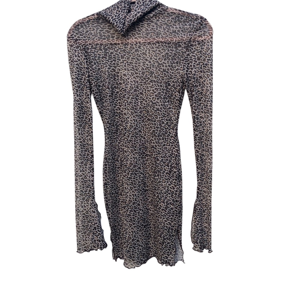 Leopard Print mesh sheer split flared sleeve lettuce hem mock neck dress